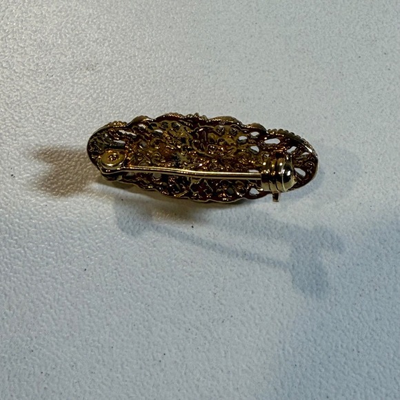 Vintage Gold Tone Filigree Brooch with Porcelain Pink Rose Flower Pin - Picture 3 of 3